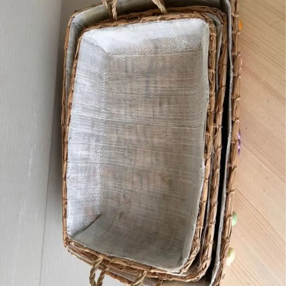 Three Vintage Woven Rectangle Baskets With Raffia Fruit